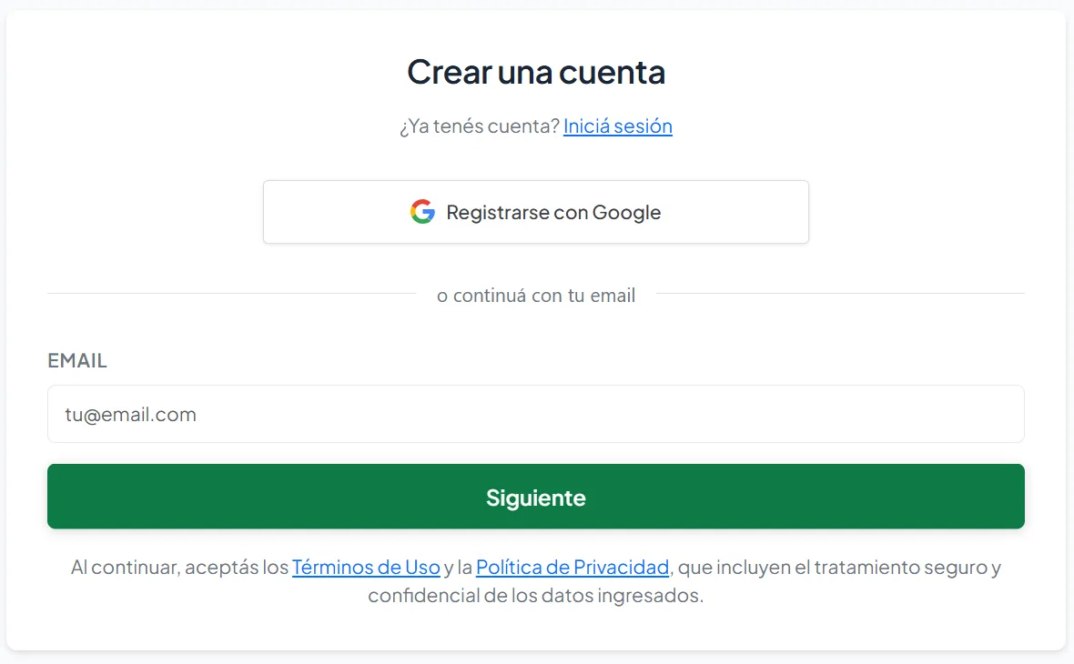 Pantalla Crear una cuenta con el botón Registrarse con Google, el campo de email y el botón Siguiente