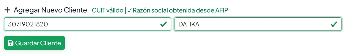 Formulario Agregar Nuevo Cliente con un CUIT válido y la razón social completada automáticamente desde AFIP