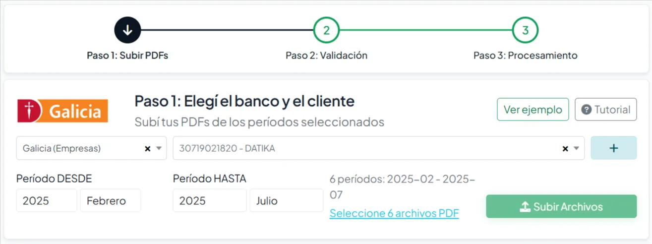 Paso 1 de la pantalla Subir archivos, con el banco Galicia (Empresas), el cliente elegido, el período de seis meses y el enlace Seleccione 6 archivos PDF