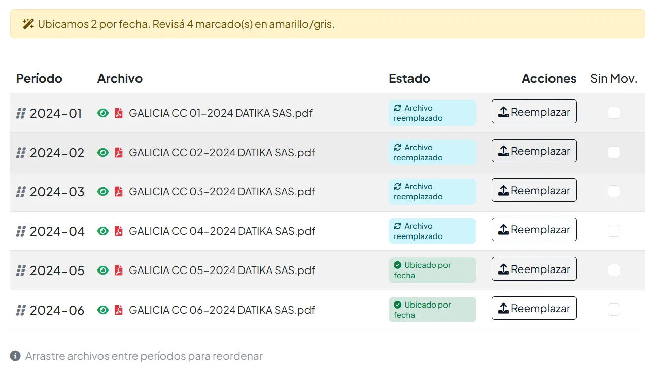 La misma tabla después de reemplazar los cuatro archivos: los renglones corregidos muestran Archivo reemplazado y el resto, Ubicado por fecha