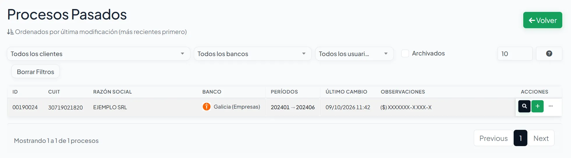 Pantalla Procesos Pasados con un proceso terminado y, en la columna de acciones, la lupa, el botón verde más y el menú de más acciones