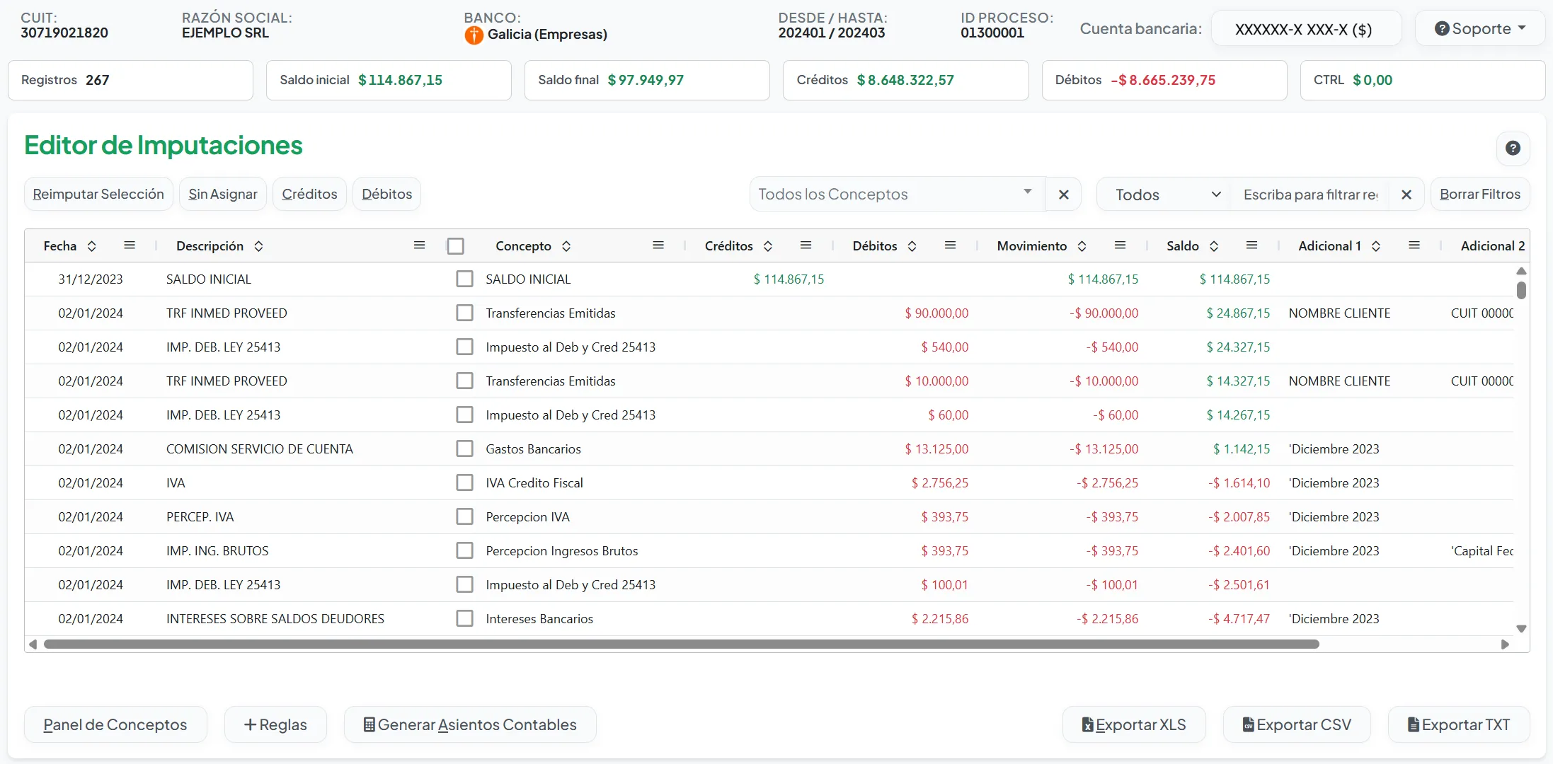 Grilla de movimientos con la cabecera de saldos, el control CTRL en cero y el Editor de Imputaciones con los botones de exportación abajo